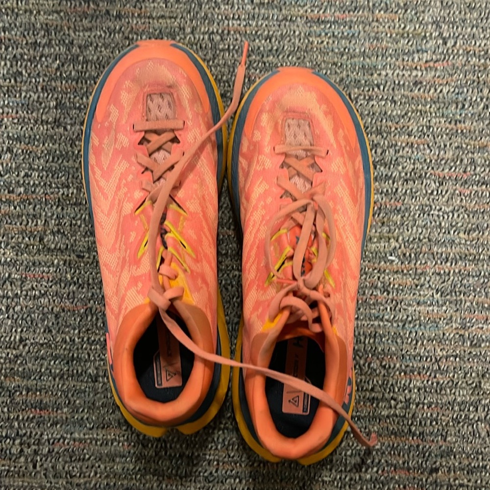 HOKA orange and blue Tecton X trail runners